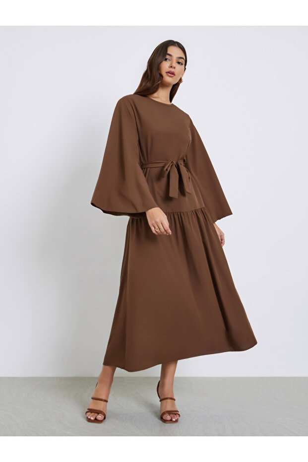 Brown Midi Dress with Flute Sleeves