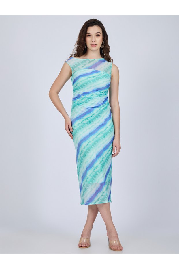 Blue Tie-Dye Print Bodycon Midi Dress