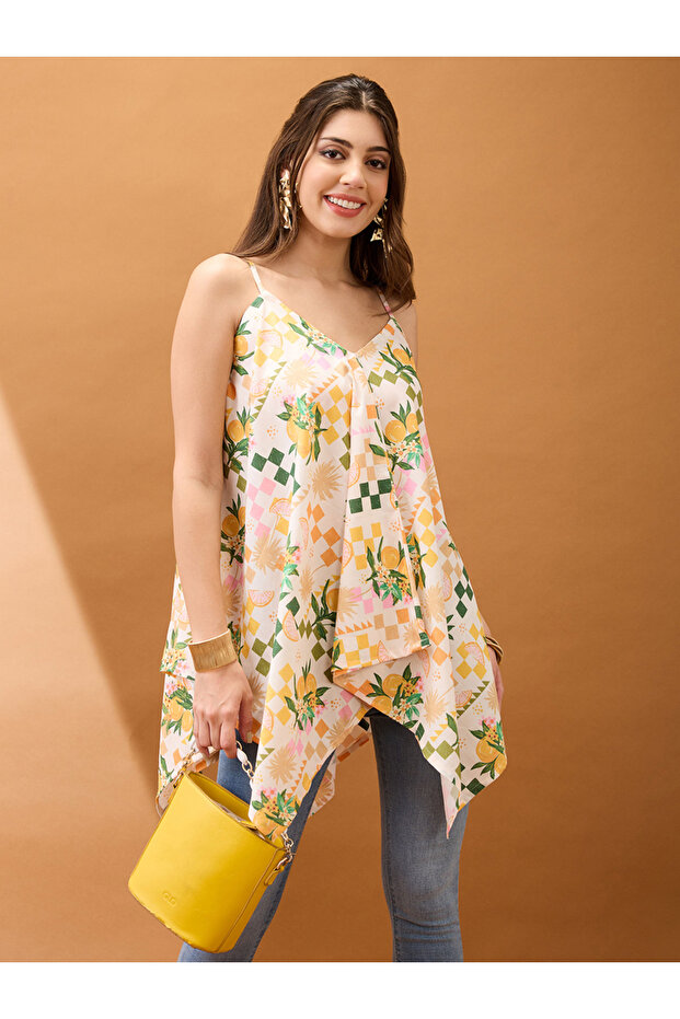 Floral Fruit Print Asymmetric Hem Fusion Tunic