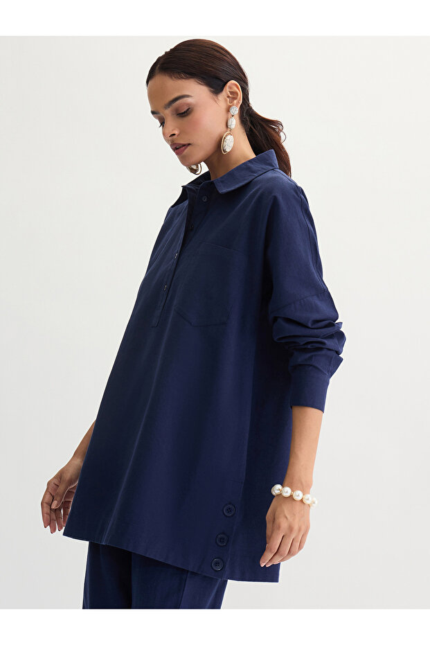 Navy Blue Cotton Linen Button Detail Tunic