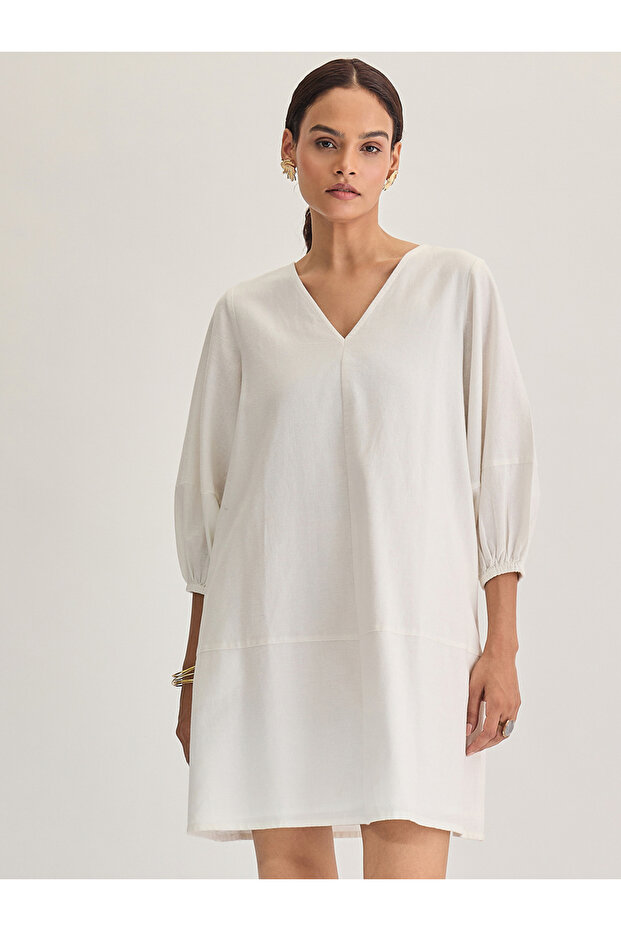 White Cotton Linen Mini Dress with 3/4 Sleeves
