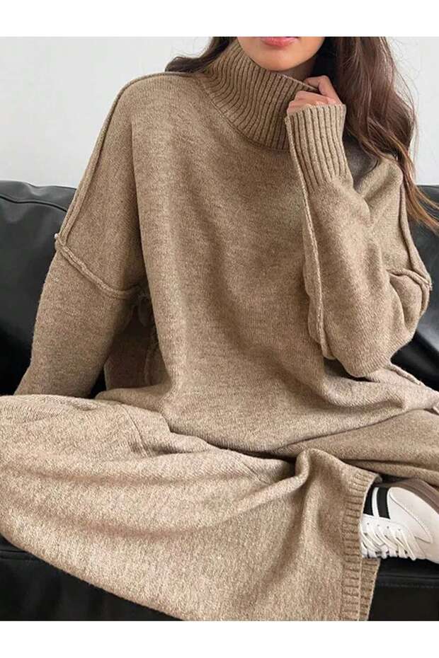 Knit Pants Set Oversized Turtleneck Knit Set Soft-Textured Two-Piece Set Beige