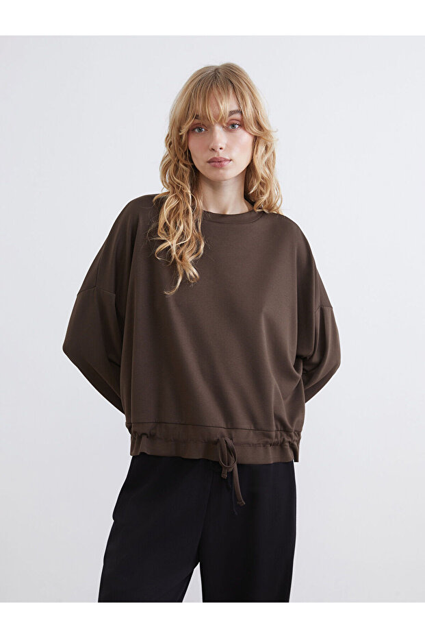 Brown Crew Neck Drawstring Women's Sweatshirt