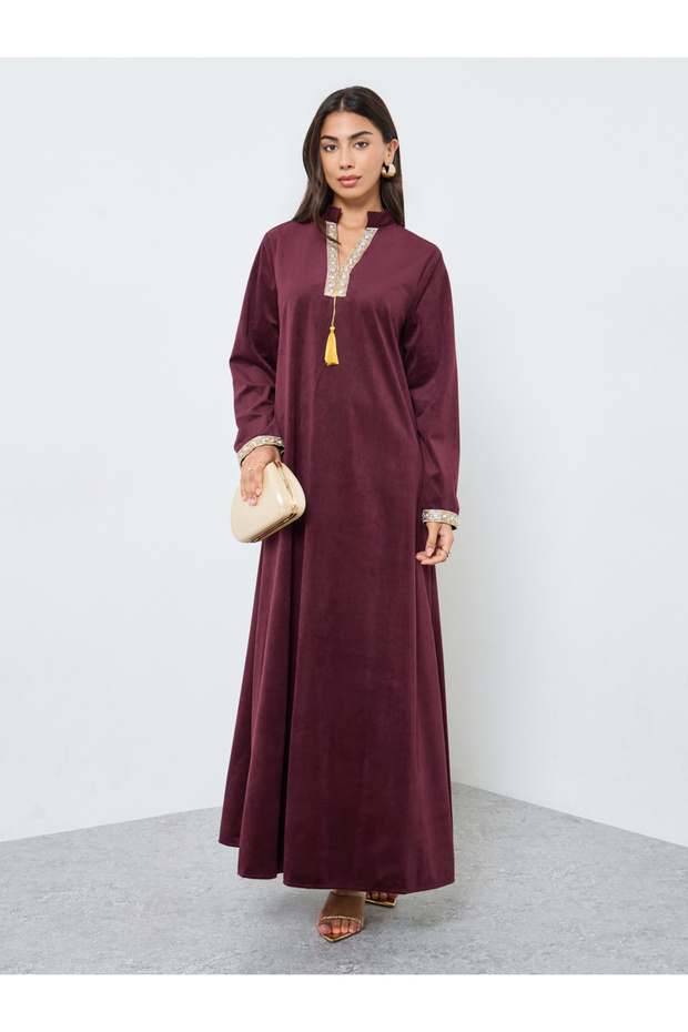 Velvet Look Jalabiya with Lace Trim