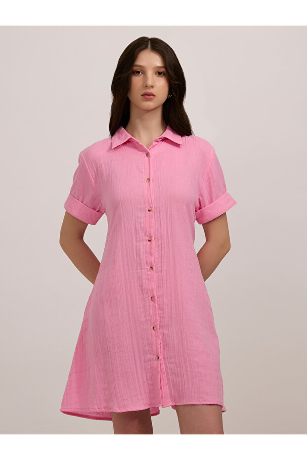 Pink Solid Cotton Shirt Mini Dress