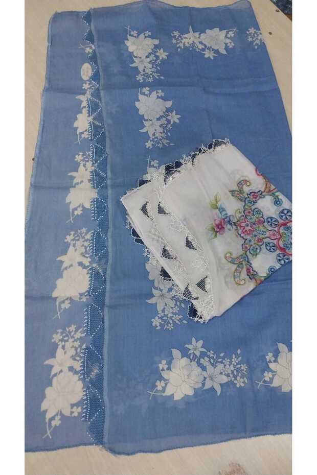 One Piece of 80 X 80 Blue Needlepoint Fabric // Two Pieces of 90 X 90 White Needlepoint Fabric with Embroidered Edges
