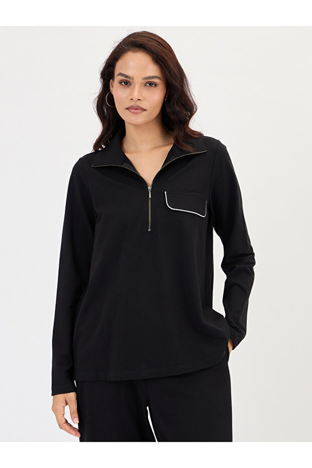 Black Zip-Neck Top with Contrast Piping