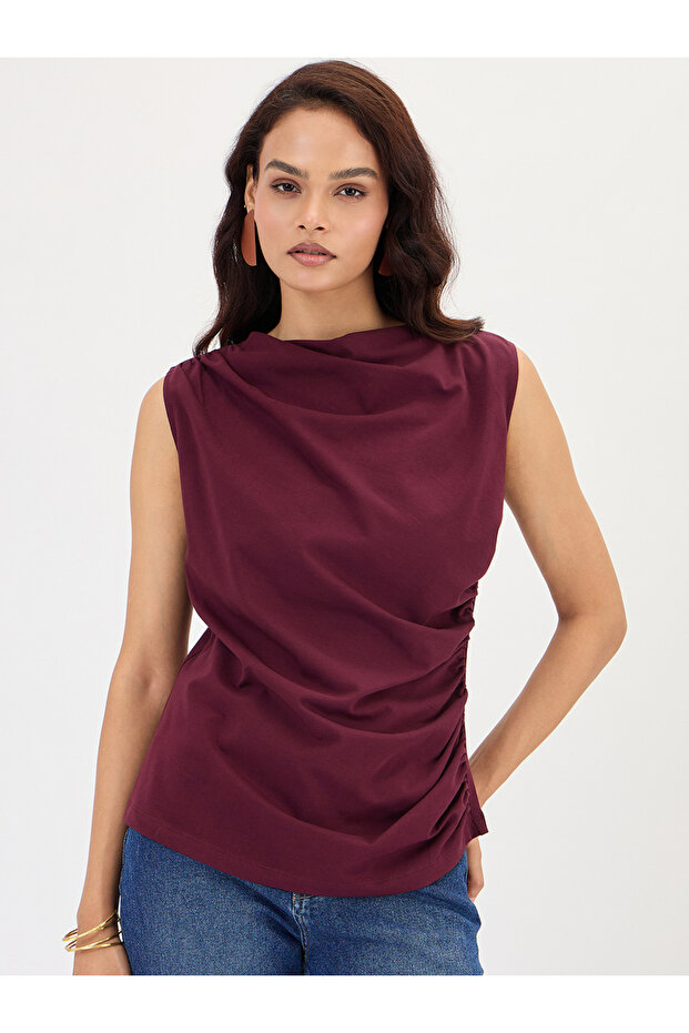 Wine Cotton Knit Ruching Detail Top