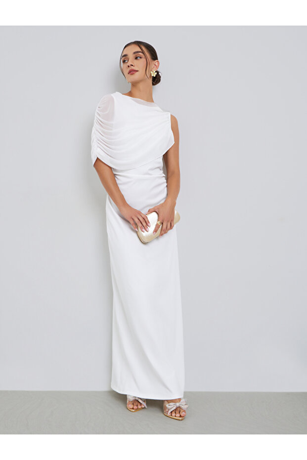 White Ruched One-Shoulder Maxi Dress