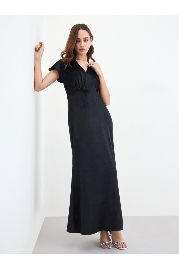Black Velvet Look A-Line Maxi Dress