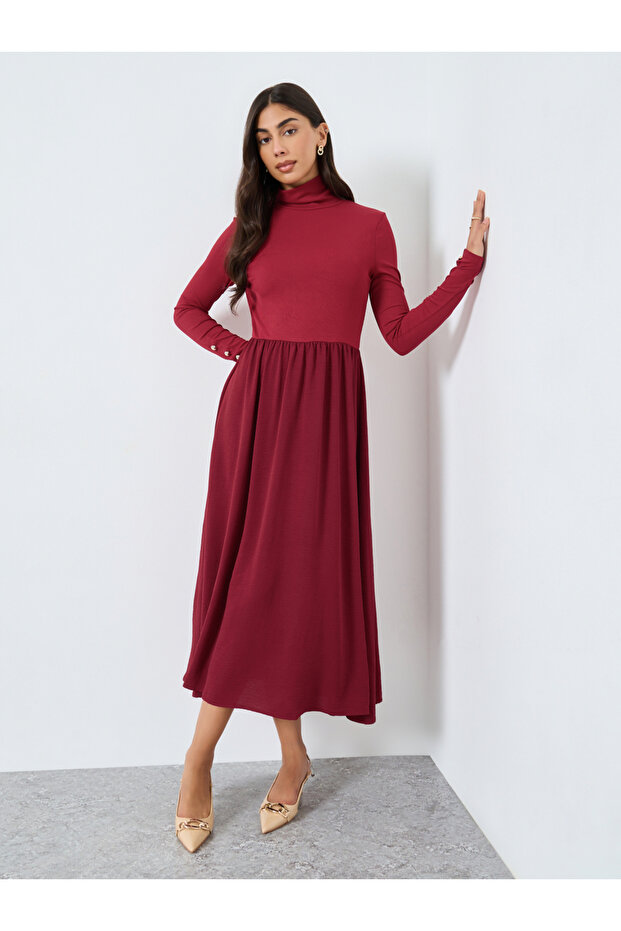 Burgundy Ribbed Turtle Neck Midi Dress