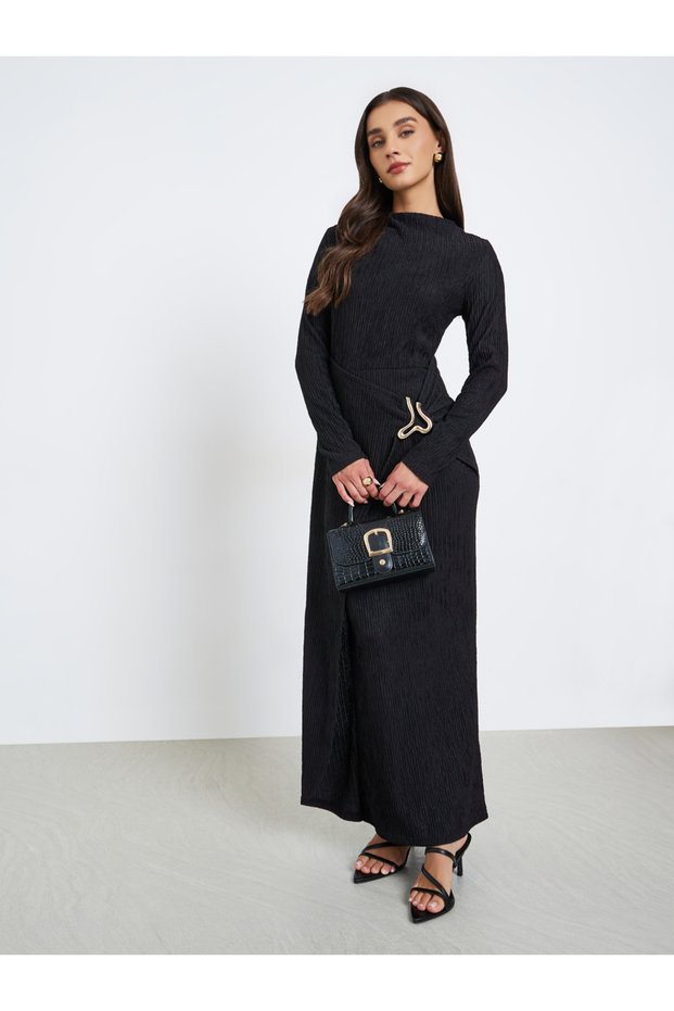 Textured Maxi Dress with Buckle Waist Detail