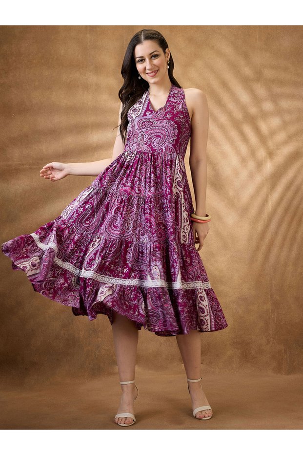 Paisley Print Halter Neck Midi Fusion Dress