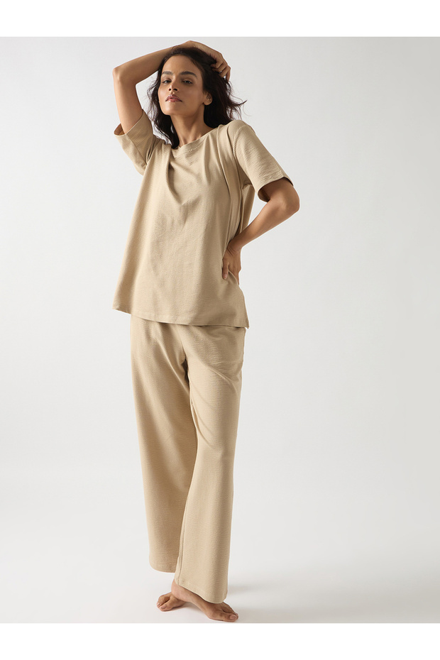 Beige Cotton Knit Straight Fit Pants