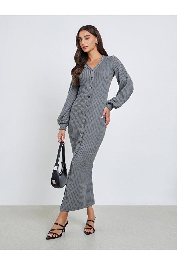 Grey Ribbed Balloon Sleeve V-Neck Midi Dress