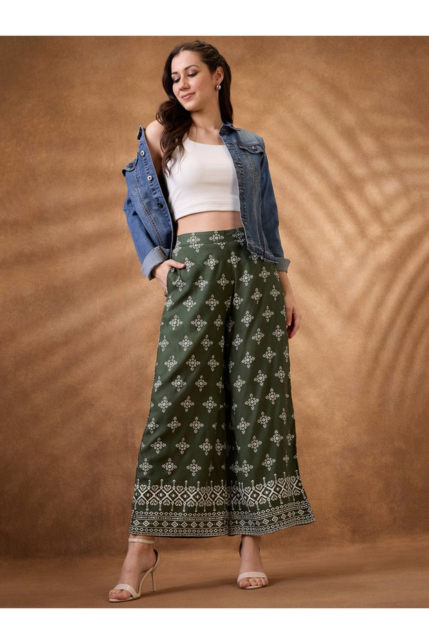 Women Green Ethnic Print Wide Leg Pant