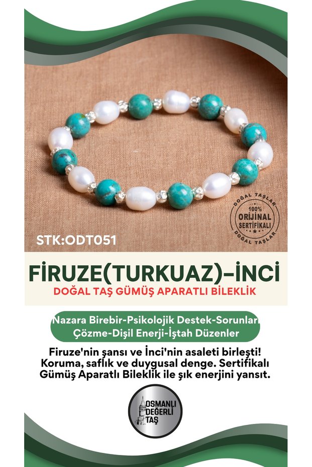 Certified Turquoise (Turquoise)-Pearl Natural Stone Silver Apparatus Bracelet Odt051