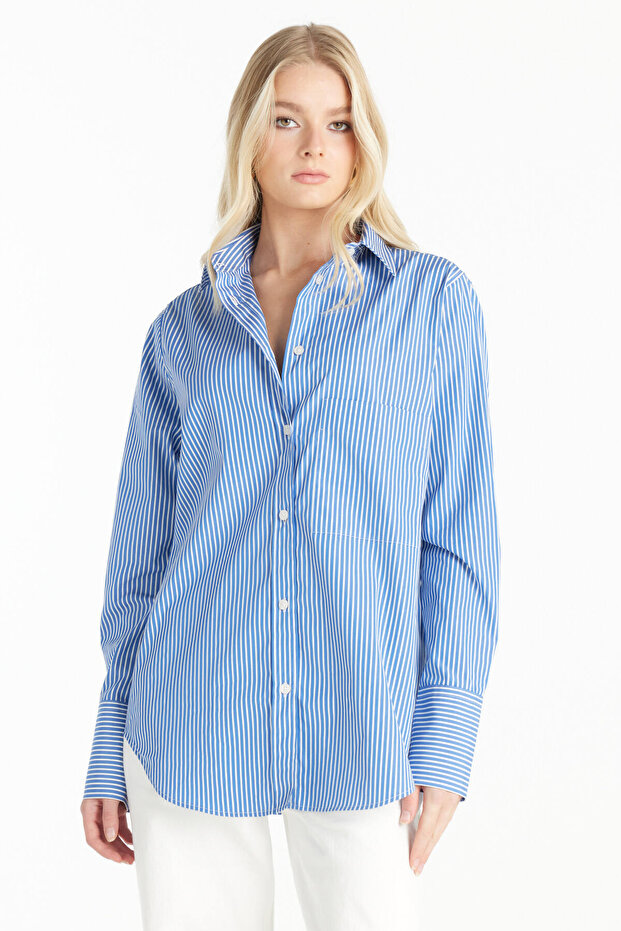 LACİVERT ÇİZGİLİ POPLİN GÖMLEK - 1