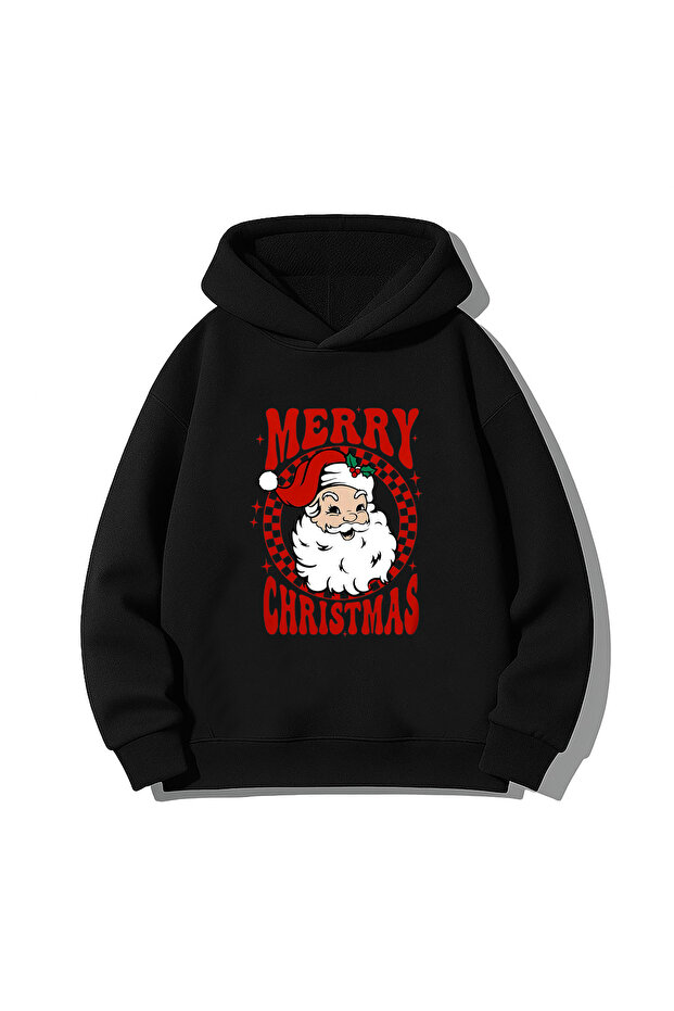 2026 New Year Santa Claus Christmas Printed Black Hooded Sweatshirt