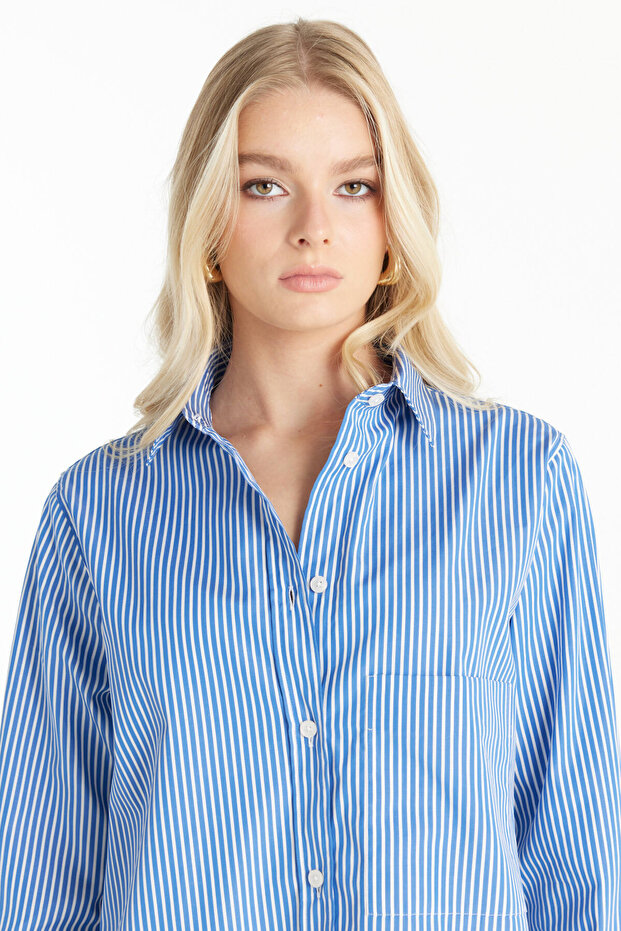 LACİVERT ÇİZGİLİ POPLİN GÖMLEK - 5