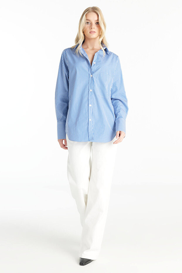 LACİVERT ÇİZGİLİ POPLİN GÖMLEK - 4