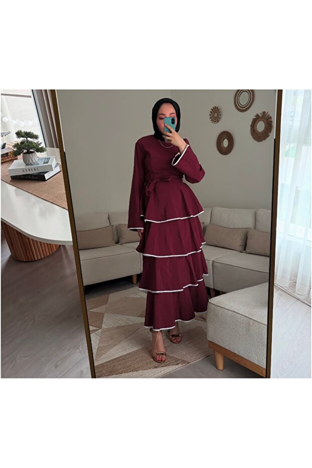 Fırfırlı Kat Kat Biyeli Volanlı Elbise - 2