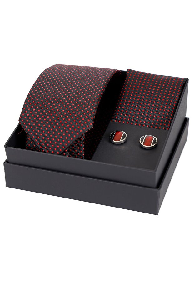 8 cm Hand Made Black Red Dot Patterned Tie Handkerchief & Cufflink Gift Set Hset:121