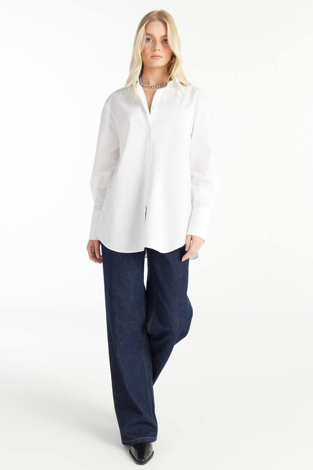 KIRIK BEYAZ OVERSİZE POPLİN GÖMLEK - 4