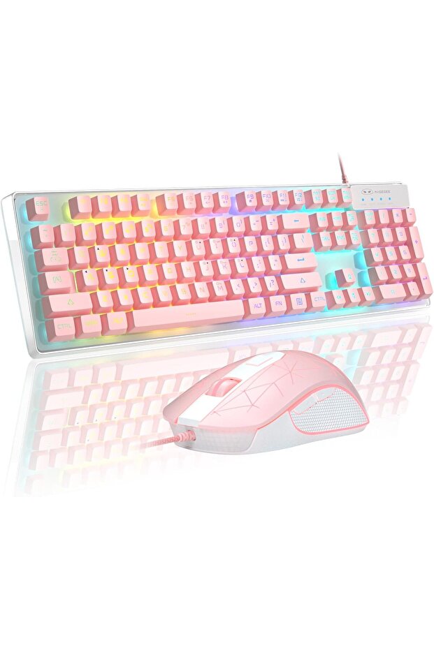 Gaming Keyboard and Mouse Combo, K1 RGB LED Backlit Keyboard with 104 Keys (Pink) - 1