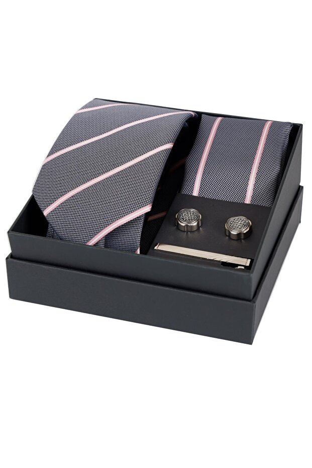 8 cm Hand Made Gray Pink Striped Tie Handkerchief & Cufflink & Tie Clip Gift Set Hset: