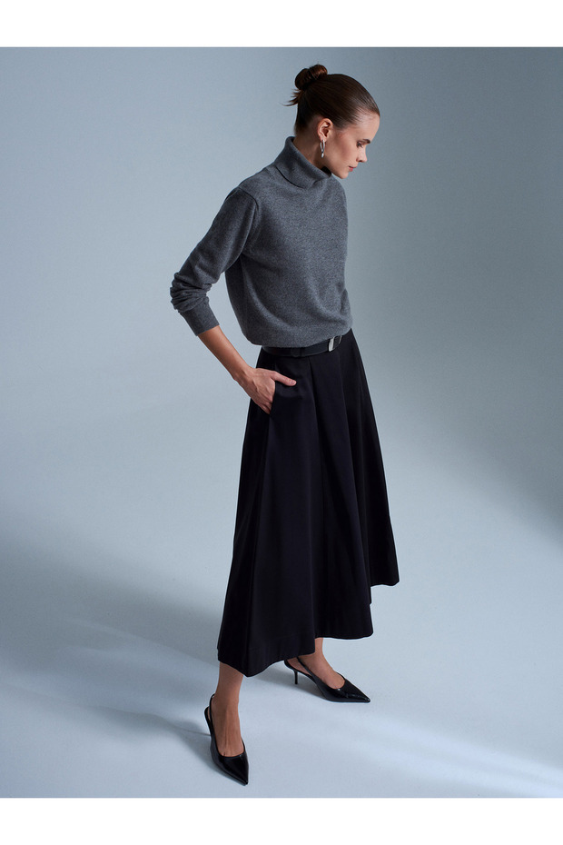 81070 100% Cotton Elastic Waist Midi Skirt-Black