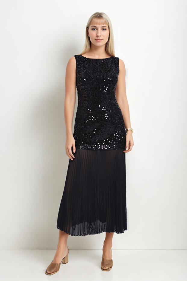 Eteği Tüllü Pullu Elbise - 3