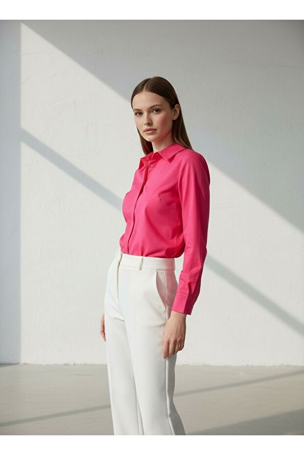 Kadın Basic Gizli Düğme Özellikli Gömlek - 4