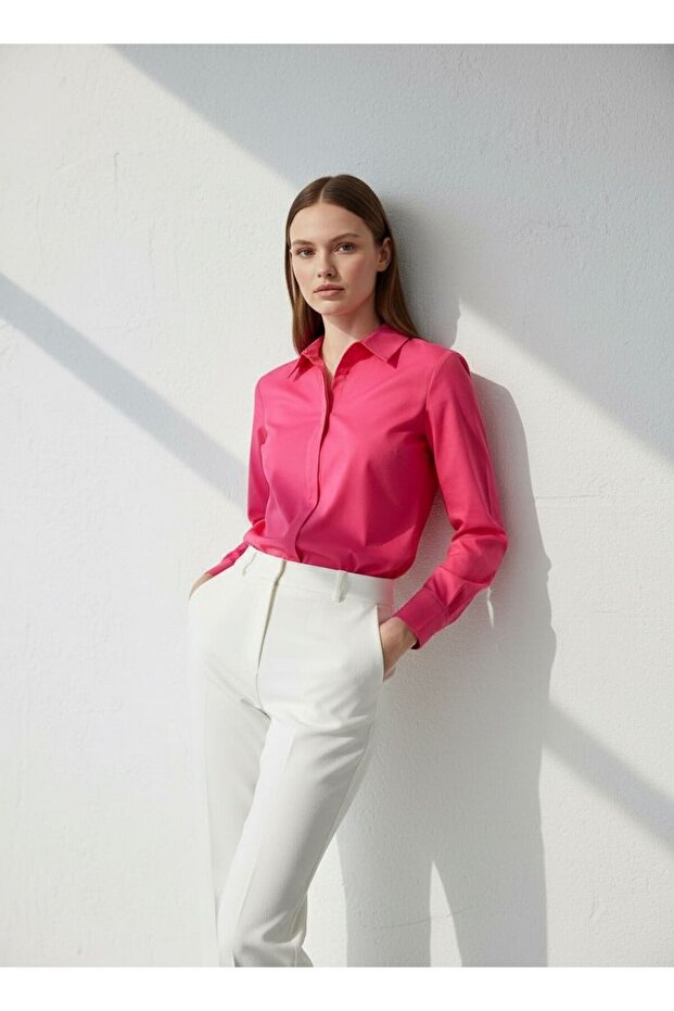 Kadın Basic Gizli Düğme Özellikli Gömlek - 1