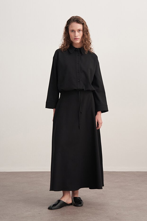 Women's Gabardine Shirt Flared Skirt Set Black