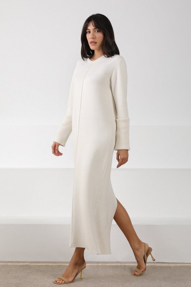 Ecru Back Slit Full Length Cashmere Long Sleeve Women's Knitwear Dress