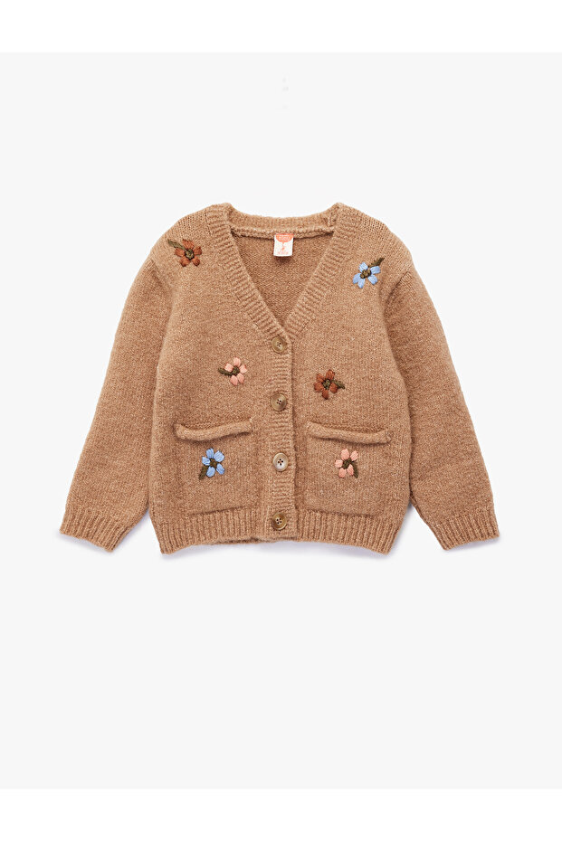 Long Sleeve Embroidery Detailed V-Neck Buttoned Knitwear Cardigan