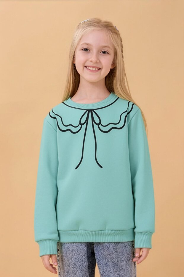 Girl's Crew Neck Printed Fleece-Lined Winter Sweatshirt - Çağla