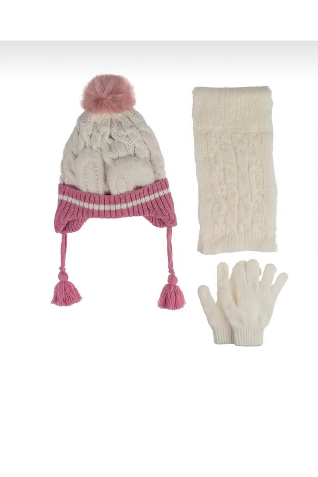4-8 Years Old Girl's Scarf, Beanie, Gloves Set with Fleece Inside 3-Piece Set 24170-07