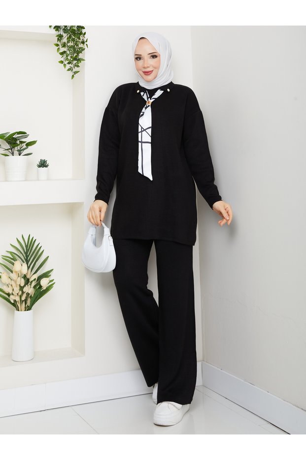 Knitwear Tunic Set with Scarf and Trousers
