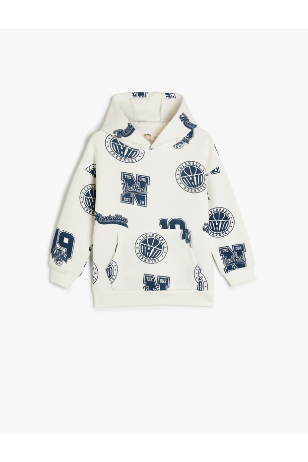 Hooded Sweatshirt Kangaroo Pocket Printed Long Sleeve Cotton Fleece-Lined
