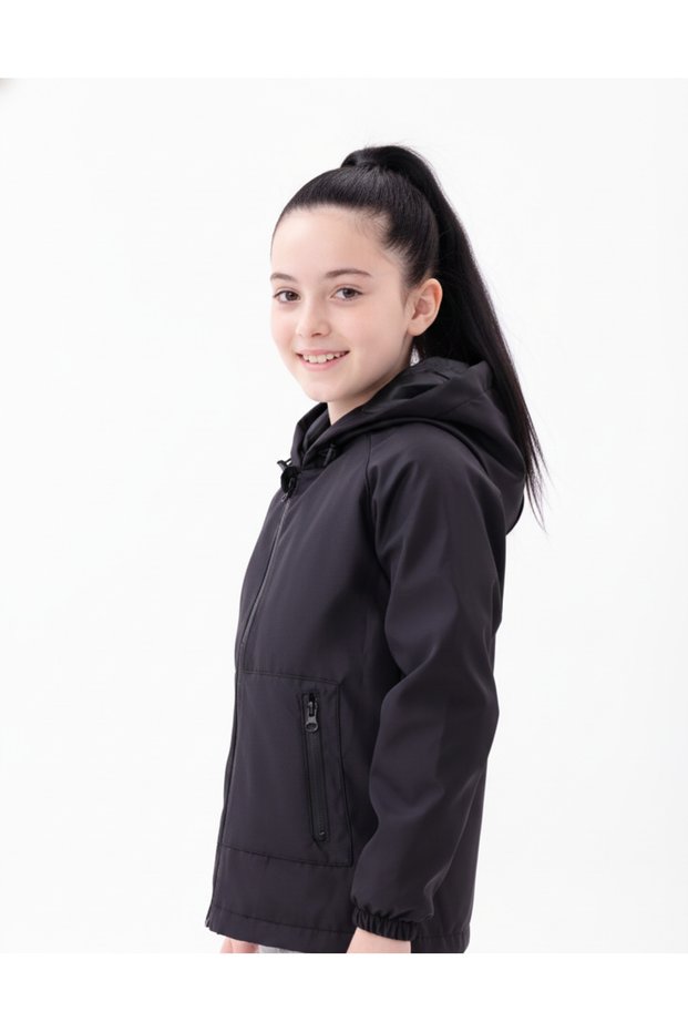 Girl's Black Water and Windproof Hooded Lightweight Daily Use Casual Raincoat Windbreaker