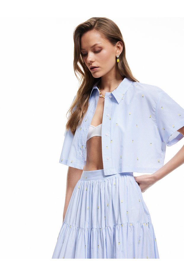 Short Sleeve Lemon Embroidery Detailed Poplin Crop Shirt