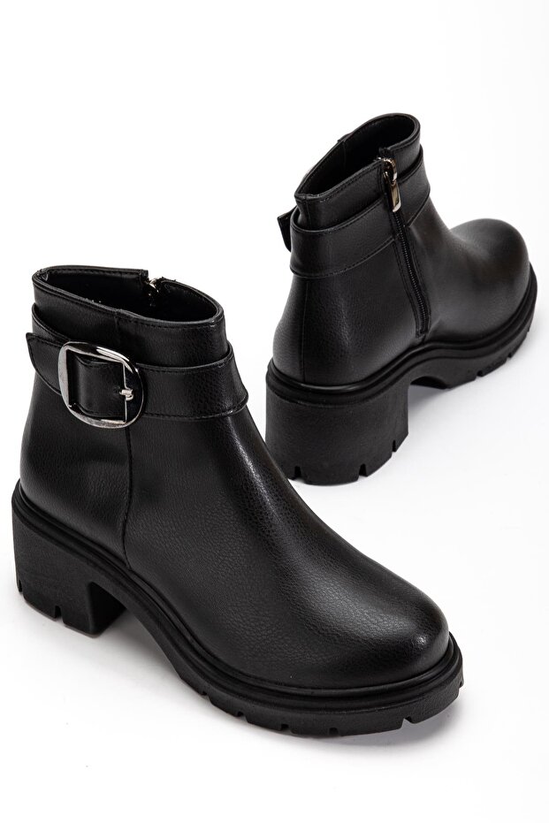 Women's Heeled Boots Black Faux Leather Side Buckle Thick Sole