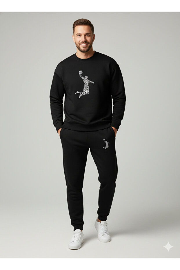 Three Thread Compact Crew Neck Inner Cotton Basketballer B Printed Premium O Oversized Tracksuit Set