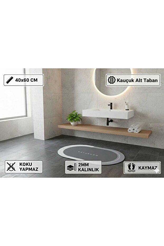 Non-Slip Based Oval Super Absorbent Bath Mat Gray - 40X60 cm