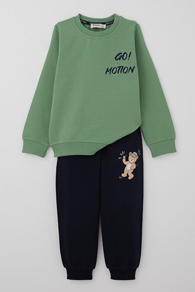 Boy's Tracksuit Set with Fun Teddy Bear on the Back Printed 1-4 Years Old, Mint Green