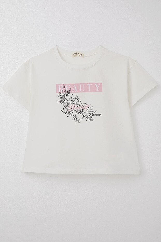Girl's T-Shirt Floral Printed, Age 8-14, Ecru