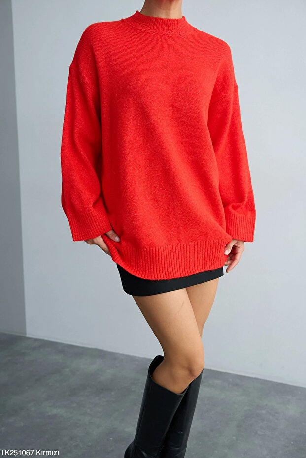 Yüksek Yaka Oversize Triko Kazak - 1