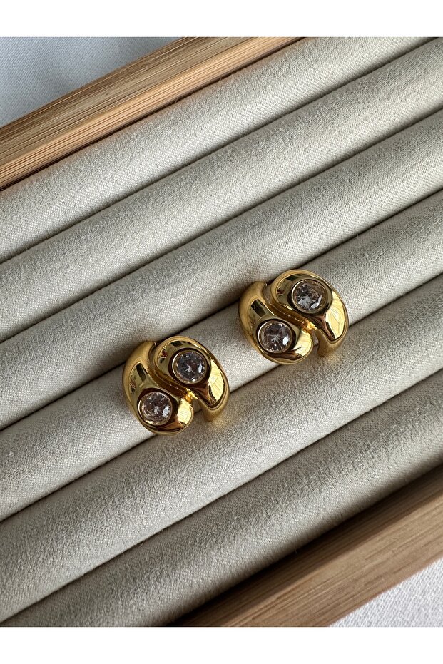 Gold Çelik Çift Taşlı Küpe - 2